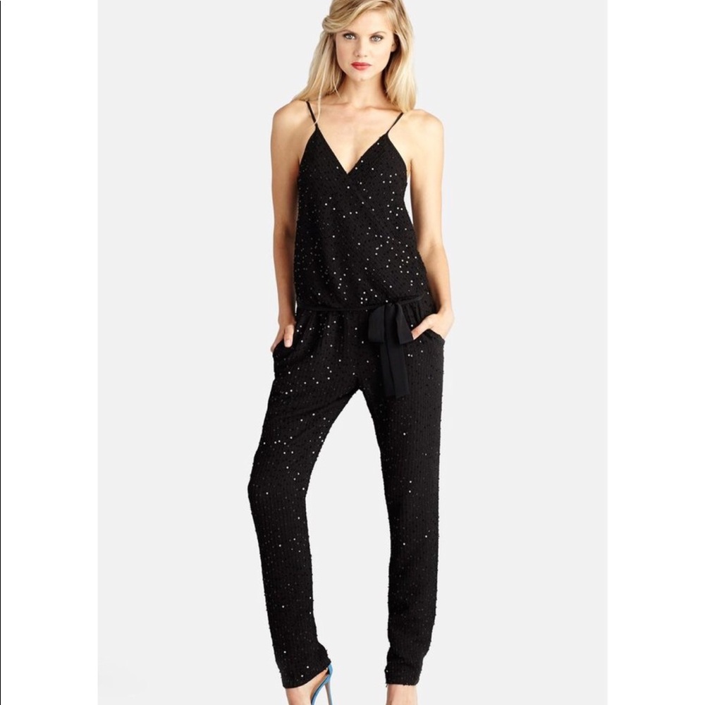 DONNA MORGAN SEQUIN WRAP FORMAL JUMPSUIT BLACK NWT